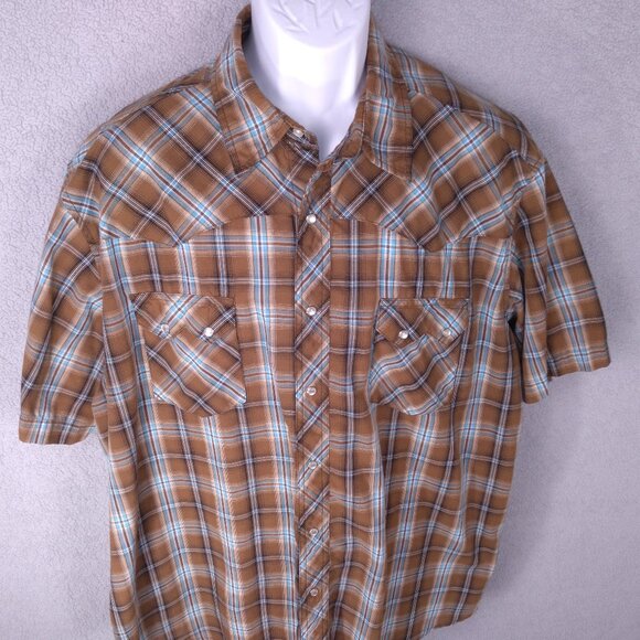 Wrangler Men’s Western XXL Snap Shirt Brown Blue Plaid Pearl Snap Short Sleeve - Picture 1 of 15
